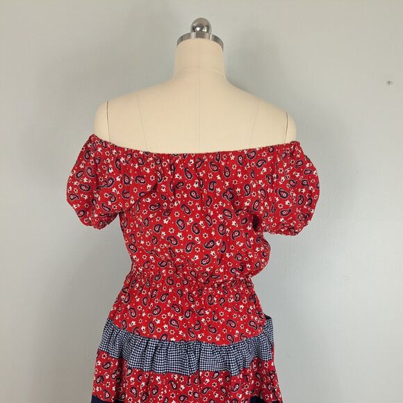 Vintage Dress Bandana Print Fit Flare Short Sleeve Patriotic July Navy Red M - Picture 7 of 11